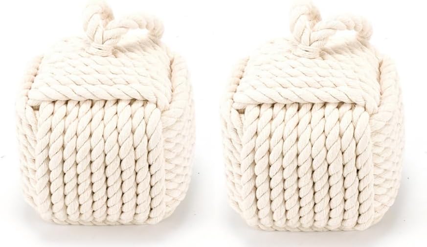 2 Pack Decorative Door Stoppers Beige Square Rope Knot Door Stop with Handle Heavy Duty Weighted for Home Classroom Window Decor