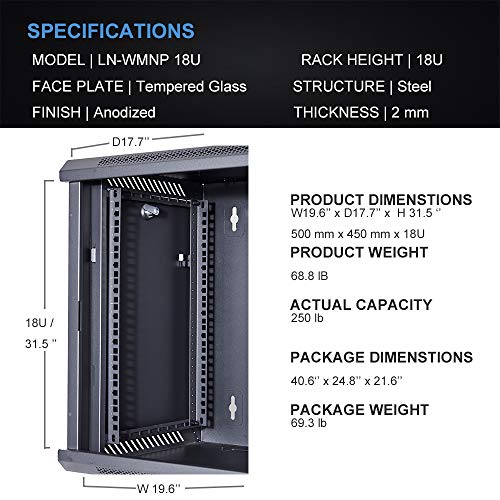 KENUCO Wall Mount Rack Server Cabinet Data Network Enclosure 19-Inch Server Network Rack with Locking Glass Door 16-Inches Deep (Black 18U) - Thumbnail 4