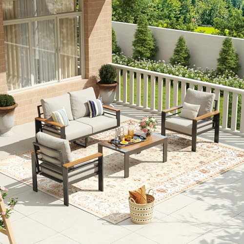 Image of Aoxun Aluminum Patio Furniture Set 4 Seats, Oversized Outdoor Sectional with Washable Thick Cushions, Coffee Table, Patio Conversation Sets for Porch, Balcony, Deck