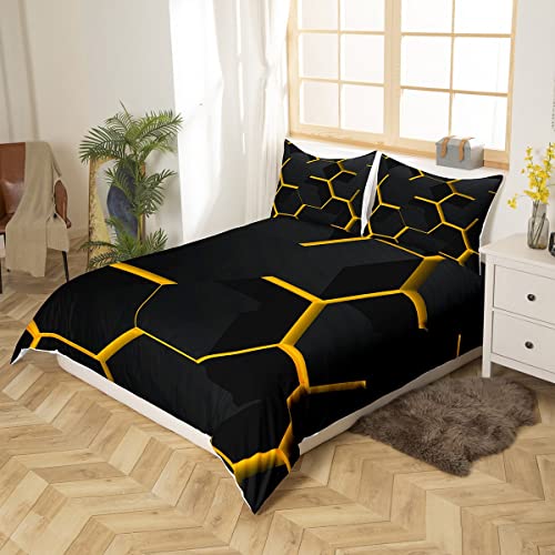 Yellow Honeycomb Duvet Cover Geometric Honeycomb Comforter Cover Hexagon Double Bedding Set Honeycomb Bedspread Cover Simplistic Decor Quilt Cover 3Pcs - Image 3