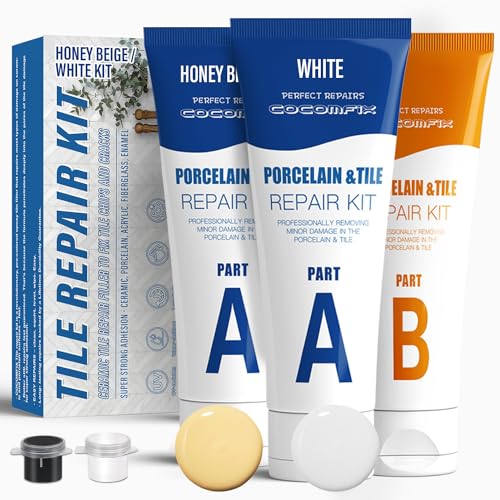 Tile Repair Kit - (Honey Beige/White Kit) Ceramic Floor Tile Repair Kit - Super Strong Porcelain Tile Filler - Fix Cracks, Chips, Holes Fast. for Porcelain, Ceramic, Acrylic, Fiberglass, Enamel.