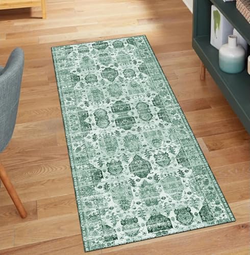 Alfombra lavable para pasillo con base antideslizante verde 2