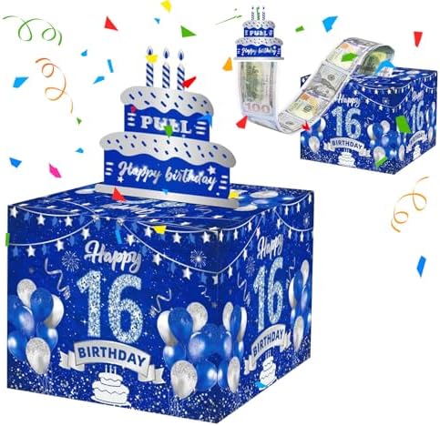 16th Birthday Decorations Gift for Boy, Sweet 16 Money Pull Box for Cash Gifts, Cool Happy Birthday Surprise Box for Friends
