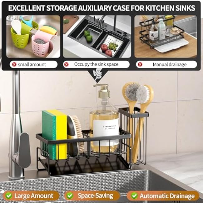 Sponge Holder & Sink Caddy Organizer - Rustproof Kitchen Sink Organizer With High Brush Holder - Home Essentials Countertop Storage for Sponges, Scrubbers (Space Grey)