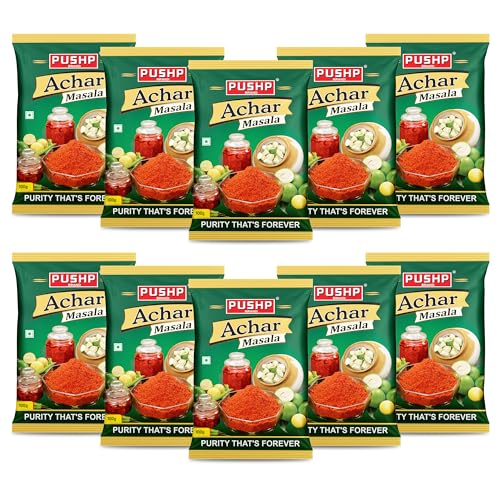 Image of Pushp Achar Masala | 100g Pouch | Premium Blend of Traditional Spices | Ready-to-Use Pickle Mix | Authentic Homemade Pickle Masala | No Added Preservatives (Pack of 10)