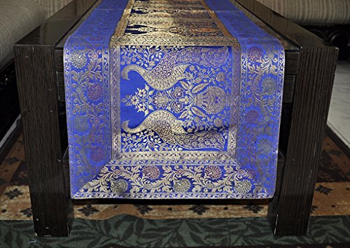Ethnic Bohemian Table Runner For Dining Table And Bed Decorative Purpose In Banaras Silk Brocade With Royal Motifs For Gifts Table Linen (Blue,60X16 Inch) #TOP4