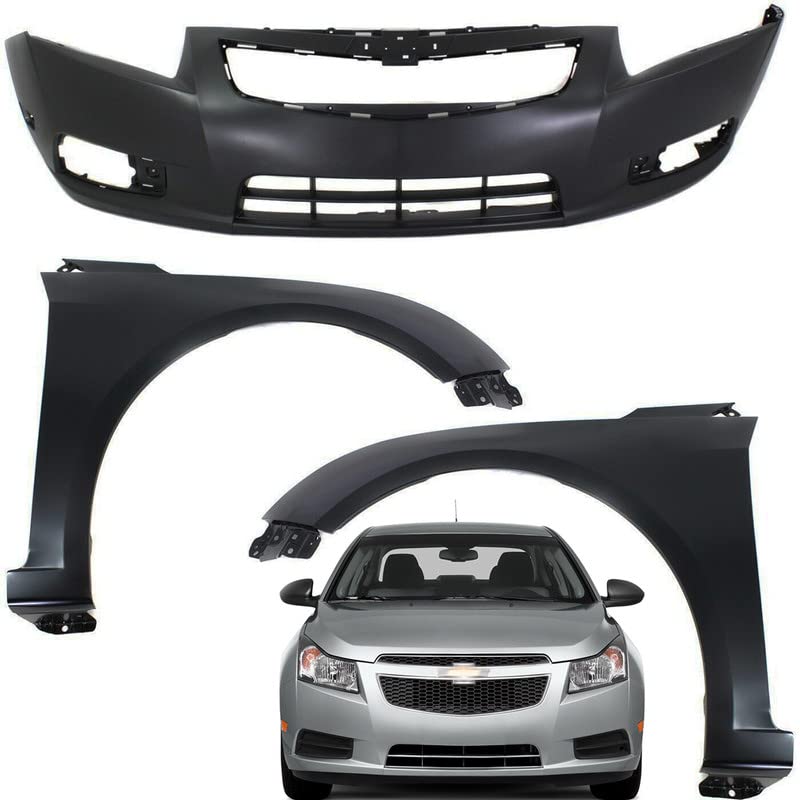 Primed Front Bumper Cover Kit Compatible with 2011 2012 2013 2014 Chevy Cruze Base ECO LS LT LTZ with 2 Pcs Fender