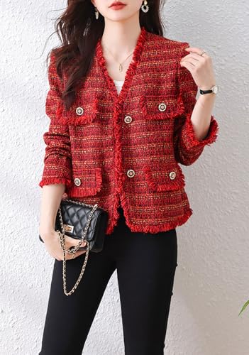 chouyatou Women's Fall V-Neck Fringed Tweed Jacket Button Down Plaid Dressy Tweed Blazer Jacket4