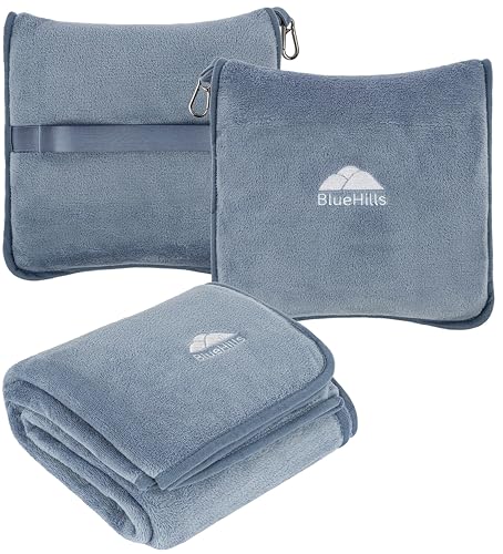 Image of BlueHills Premium Soft Plush Travel Blanket Pillow for Airplane Traveling Essentials in a Bag Flight Throw with Hand Luggage Belt Backpack Clip Compact Portable Plane Accessories Grayish Blue - T026
