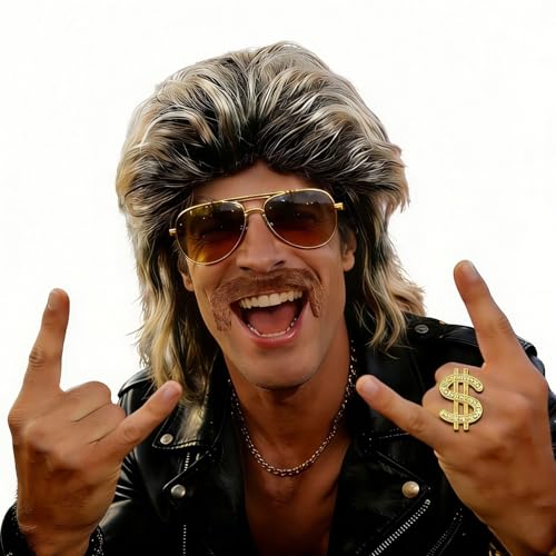 【Tornare agli anni '80】Colorazione unica con radici bianche e nere, riproduzione dello stile rock d'avanguardia. Questo parrucca uomo anni 80 mullet ha ciocche folte, lucentezza naturale, forma realistica e tridimensionale, trasformandoti facilmente in un'icona rock degli anni '80 e conferendoti l'anima ribelle e senza regole dell'epoca.