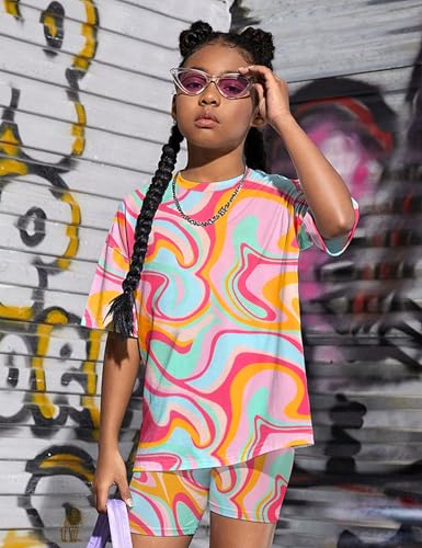 Image of Teen Girls Clothes 2 Piece Colored Tie Dyer Girls Summer Outfits Short Sleeve Fashion Printed T-Shirt and Pants