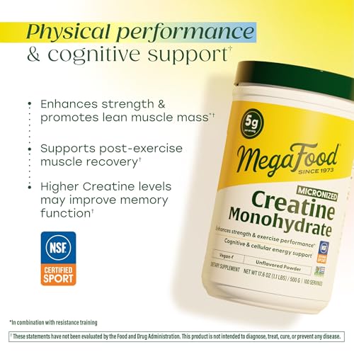 Image of MegaFood Micronized Creatine Monohydrate Powder, Unflavored, 500 Grams | Post and Pre Workout Powder for Men and Women, Brain and Exercise Performance Support, NSF Certified for Sport, 100 Servings