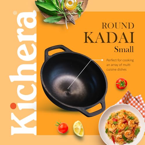 Image of Kichera Pre Seasoned Cast Iron Kadai with 2 Loop Handles (8 Inch) | Non Stick Super Smooth Cast Iron Kadhai 1.9kg | 1.5L Capacity | 21cm Diameter Wok for Deep Frying | Pure & Toxin-Free