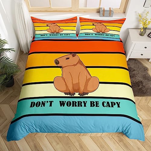 Cute Capybara Bedding Set for Boys Girls Kids Funny Animal Comforter Cover Rainbow Aesthetic Geometric Stripes Duvet Cover Cartoon Kawaii Pet Quilt Cover with Zipper Closure & Corner Ties