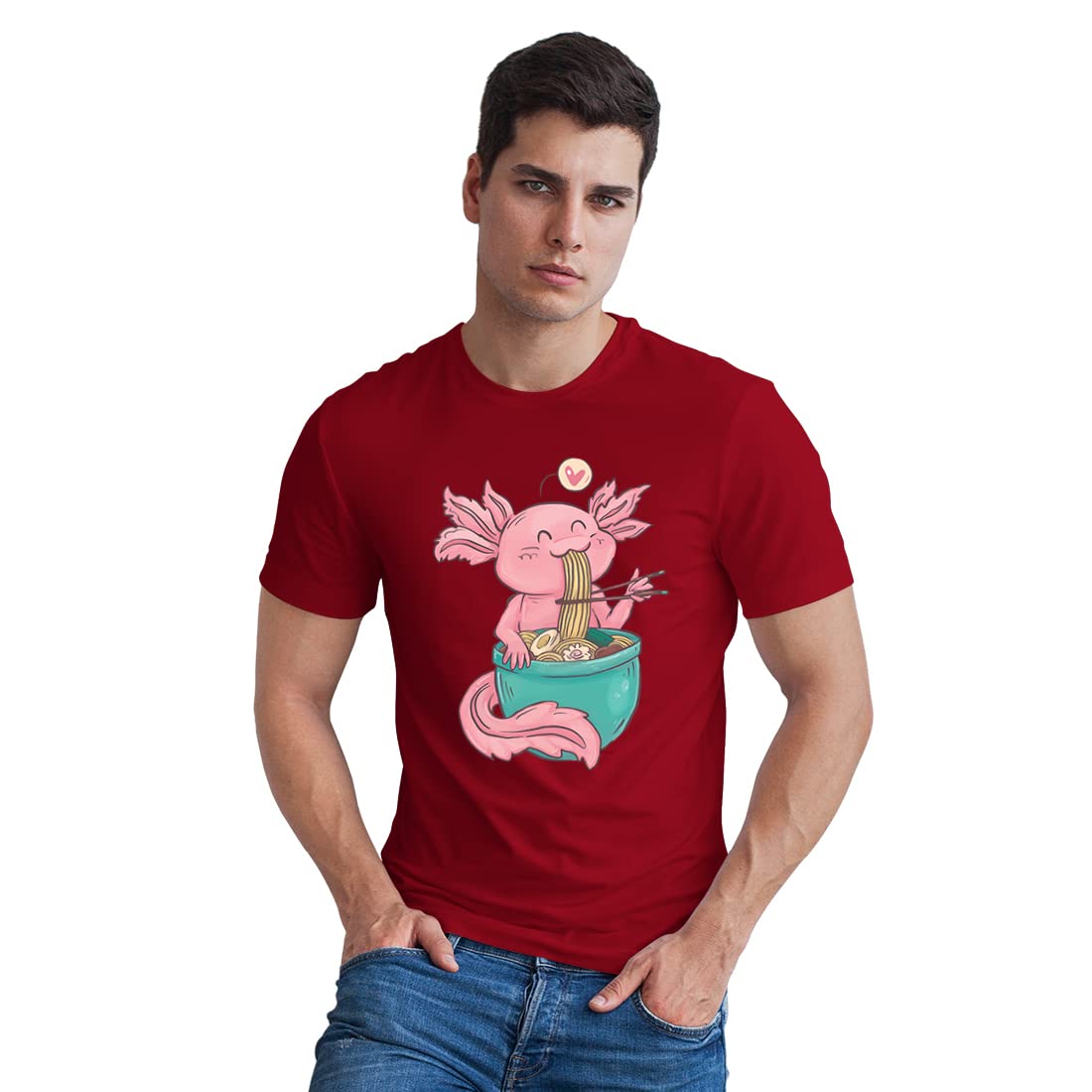 Wallaby Men’s Regular Fit T-Shirt Cute Axolotl Eating Ramen Noodles 100% Cotton T-Shirt