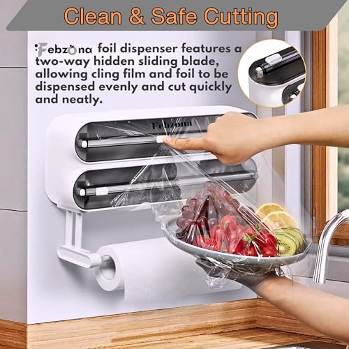 Image of Foil Paper Cutter and Holder Kitchen Wrap Dispenser Aluminum Foil, Plastic Cling Film & Baking Paper Holder with Slide Cutter Wall or Counter Mounted 3 in 1 Magnetic Tissue Roll Organizer