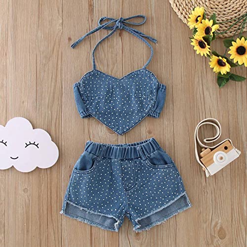 Conjunto de roupas de verão para meninas pequenas sem mangas com suspensório no pescoço top jeans 2