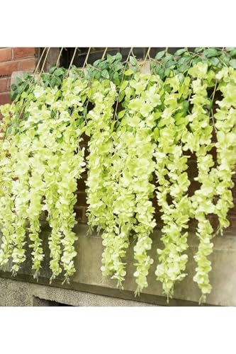 Image of 6 Pcs Artificial Polyester Hanging Flower Wisteria Vines Fake Flowers Vines for Home Party Wedding Garden Outdoor Greenery Decoration (6, Green)