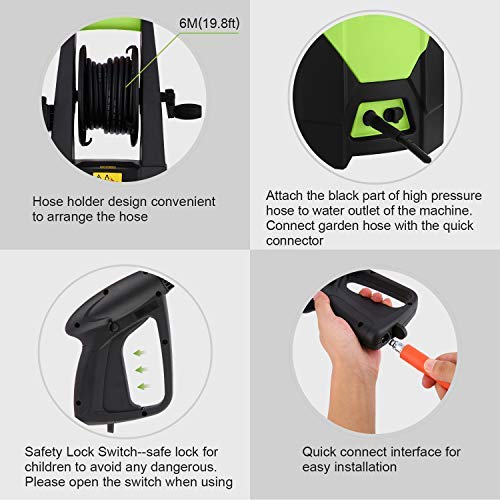 mrliance 3500PSI Electric Pressure Washer 2.0GPM Power Washer 1800W High Pressure Washer Cleaner Machine with Spray Gun, Hose Reel, Brush, and 4 Adjustable Nozzle (Green)