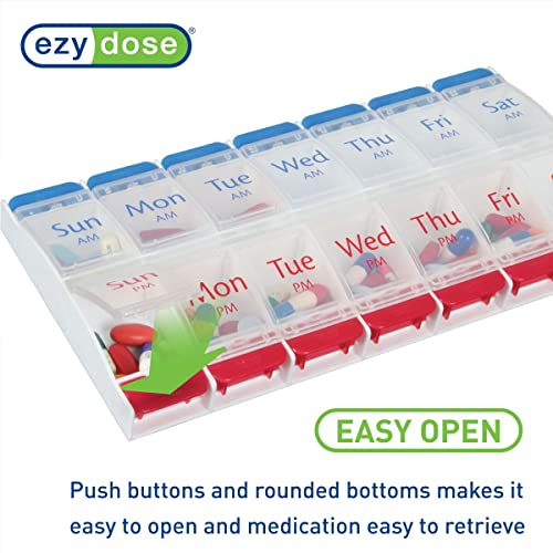 Image of EZY DOSE Push Button (7-Day) Pill Case, Medicine Planner, Daily Vitamin Organizer, 2 Times a Day AM /PM, Large Compartments, Arthritis Friendly, Easy to Use, Clear Lids, Red /Blue, BPA Free (Pack of 2)