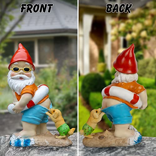 Lhocm Outdoor Garden Gnomes Statues - 8.9" Cute Naughty Puppy Chase Beach Gnome Garden Decor For Summer, Perfect For Balcony, Patio, Lawn, Yard And Pool Ornament, Funny Housewarming Gift Idea #TOP5