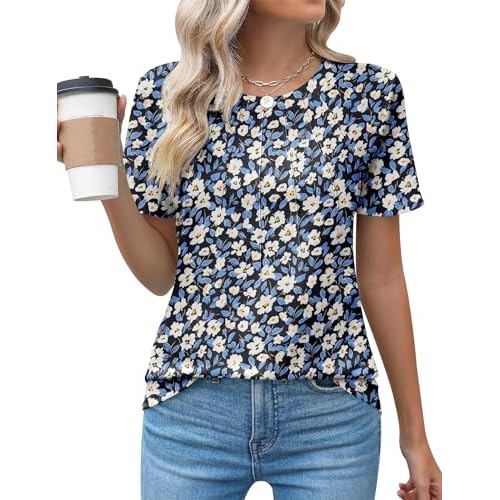 Kistore Womens Casual Crew Neck Short Sleeve Pleated Tops Blouses Fashion Clothes 2026 A2 Floral Blue White Large