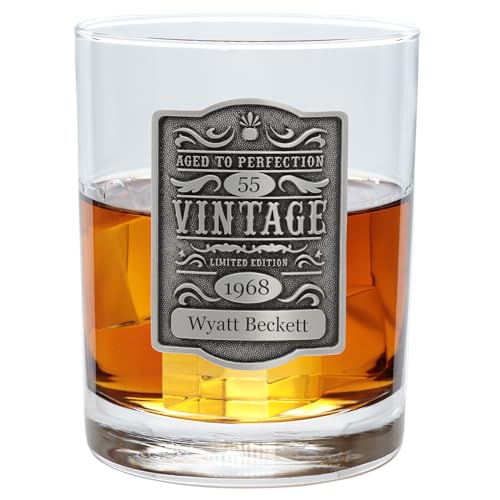 Indiana Metal Craft 13 Oz Double Old Fashioned Whiskey Rocks Glass with Personalized Vintage Aged to Custom Year, name, and age Pewter Emblem. Great for Birthdays and Anniversaries - USA Made