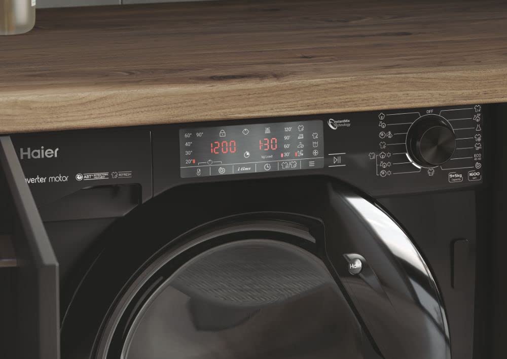 Haier SERIE 4 HWDQ90B416FWBB-S Einbau-Waschtrockner 9 kg Waschen 5 kg Trocknen Inverter-Motor 1600 U/min Dampfwaschfunktion Aqua Stopp Schwarz