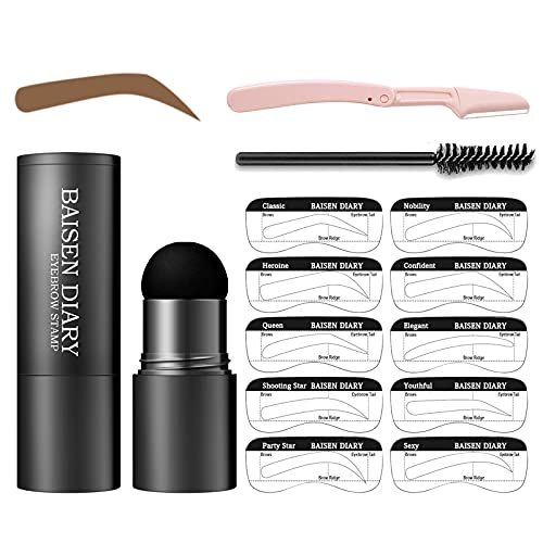 Eyebrow Stamp and Eyebrow Stencil Kit - One Step Eyebrow Stamp Shaping Kit with 10 Reusable Eyebrow Stencils, Eyebrow Razor and Eyebrow Brushes, Long-lasting, Waterproof Buildable Eyebrow Makeup (Browm)