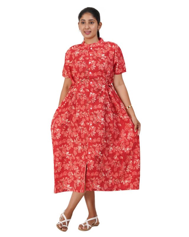 Image of Women's Cotton Full Front Open Dress | Mandarin Collar Button-Down | Darted Waist with Multi Tie-Up | Calf Length | Maternity, Feeding, Elderly & Hospital Wear | Sizes L-3XL