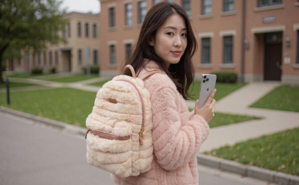 Jessica Simpson Mini Plush Tablet Backpack for Women for Work, College, Commuting, Travel (Strawberry Cream) - Image 6