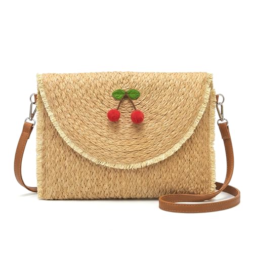 Sac à bandoulière en paille beige avec cerises et anse réglable pour l'été