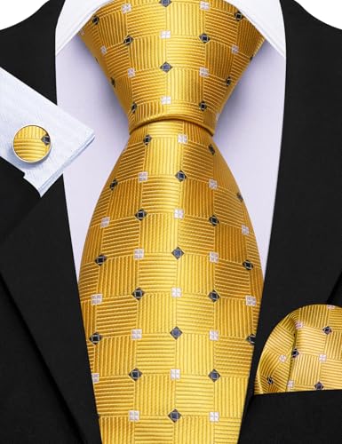 Image of Barry.Wang Plaid Ties Check Mens Necktie Set with Handkerchief Cufflinks Classic Stripe