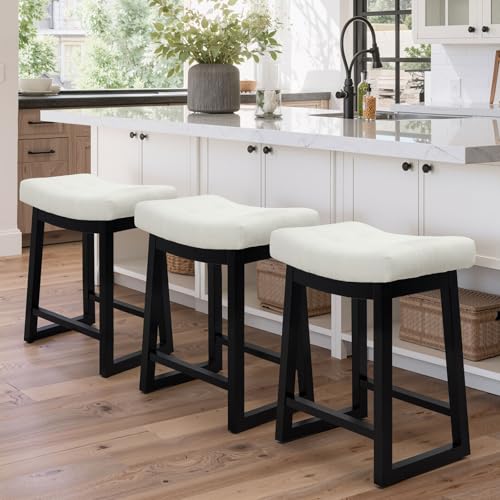 Image of Counter Height Bar Stools Set of 3, 24 Inch Backless Upholstered Counter Stools with Solid Rubberwood Legs, Modern Farmhouse Saddle Stools for Kitchen Island, Home Bar, White Linen Fabric
