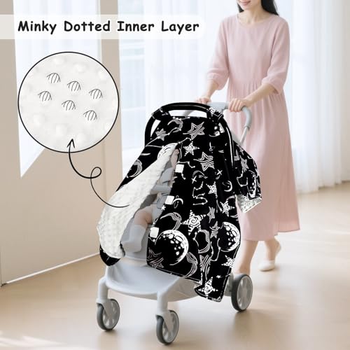 Image of Baby Car Seat Cover, Soft Minky Warm Winter Car Seat Canopy for Infants & Toddlers, Opening with Adjustable Strap, Breathable Nursing Cover & Stroller Blanket, Black Starry Sky (Fits Most Car Seats)
