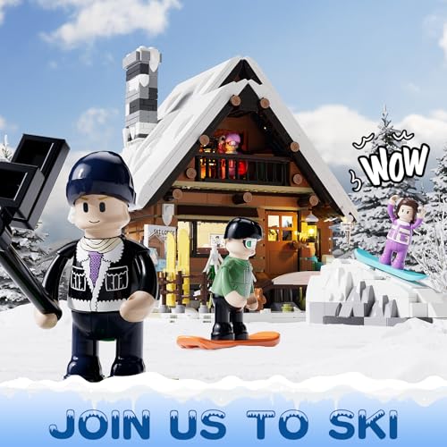 FUNWHOLE Christmas Ski-Cabin Lighting Building-Bricks-Set - Retro Christmas Winter Snow House Collection LED Light Building Construction Holiday Model Set 2187 Pcs for Adults and Teen - Image 3