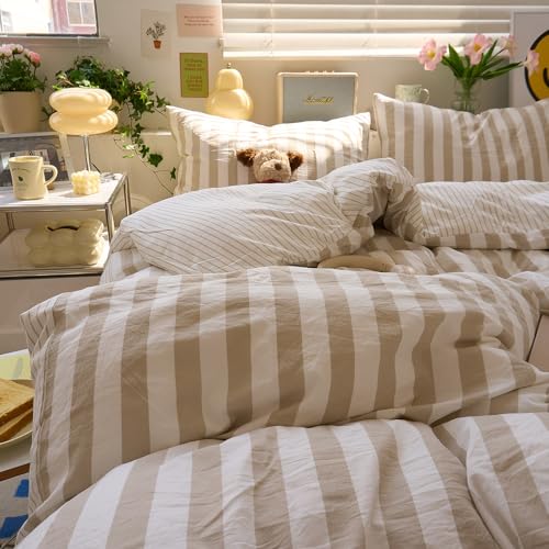 Image of LifeTB Vintage Striped Comforter Set King, 3 Piece Brown White Stripes Pattern Printed Comforter with 2 Pillowcases, Soft Breathable Khaki Striped Bedding Comforter Boho Farmhouse King Comforter Set