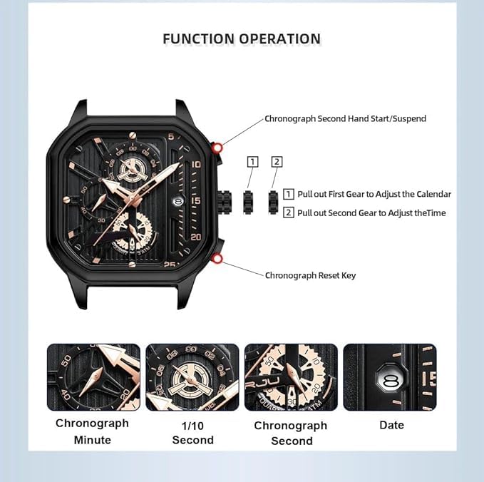 Image of Carlson Raulen Chronograph Waterproof Luxury Fashion Military Sports Rectangle Wrist Watch for Men (Black)