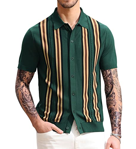 PJ PAUL JONES Mens Retro Striped Polo Shirt Short Sleeve Button Down Knitted Shirts Green S