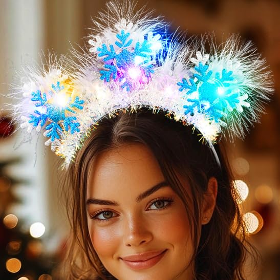 Fashband Diadema LED iluminada con copos de nieve para el pelo, plumas para fiesta, accesorios para el cabello para mujer