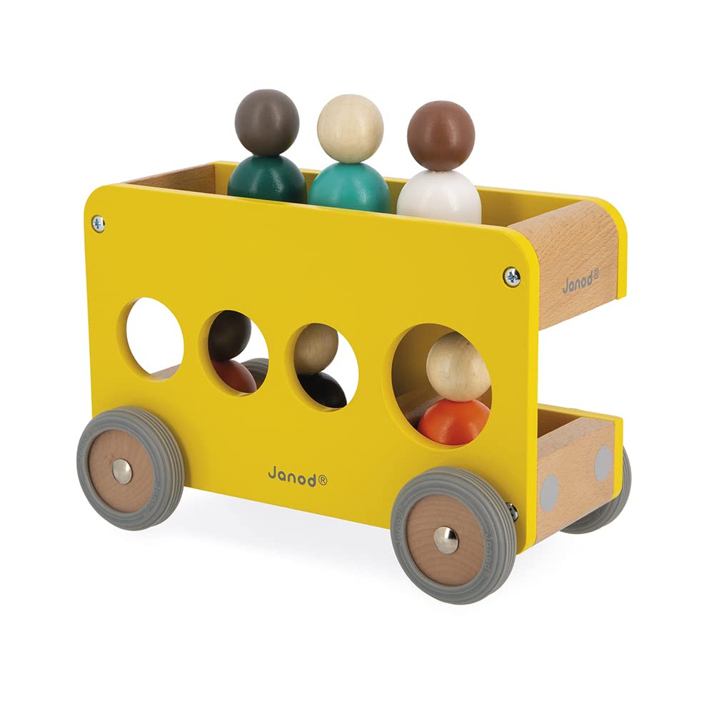 Janod - Bolid Solid Wood School Bus - 6 Characters Included - Silent Wheels - Imagination and Fine Motor Skills - FSC Certified - Water Painting - From 2 Years, J04635, Yellow