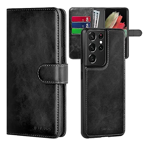 Image of PULOKA - 2 in 1 Flip Cover for Samsung S24 Ultra - Protective Case with Card & Cash Pockets - Detachable Flip Case, Kickstand & Magnetic Closure -Vegan Leather - Profesional & Premium Finish -Black