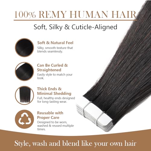 Image of Tape In Hair Extensions Human Hair 22 Inch #1B Natural Black
