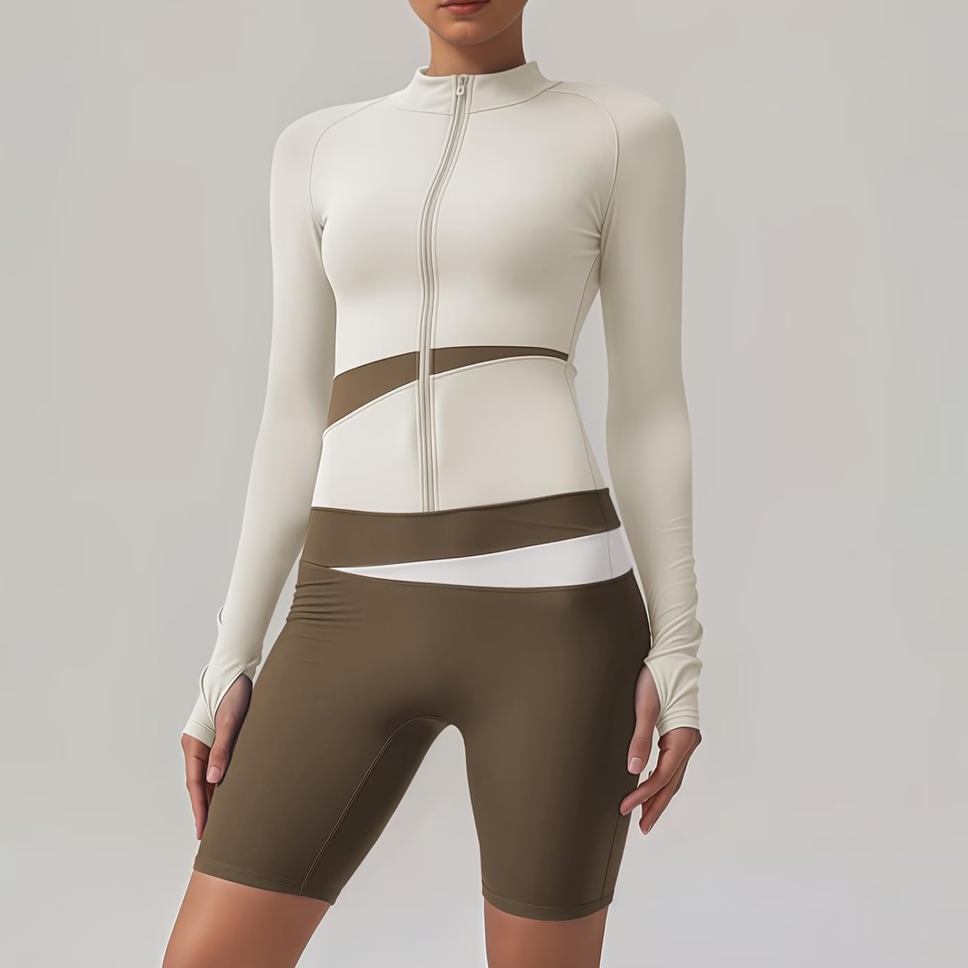 Ensemble de yoga 4 pièces pour femme avec fermeture éclair - Veste à manches longues - Leggings de sport rembourrés - Pour course à pied, fitness - Survêtement sans couture