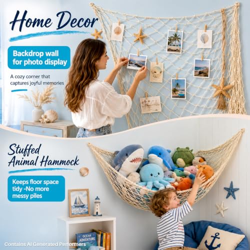 Image of Sukh Fish Net Decorations for Party - 4PCS 39.37 * 78.74 in Fishing Net Decoration Netting for Wall Photo Hanging Nautical Fishnet Table Runner Decorative Ocean Theme Birthday Party Rope Nets
