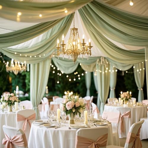 WENSINL Sage Green Ceiling Drapes for Weddings Draping Fabric Sage Green Chiffon Fabric Ceilings Curtain Drapery for Party Birthday Bridal Shower Banquet Ceiling Deco - 5ft x 20ft 6 Panels