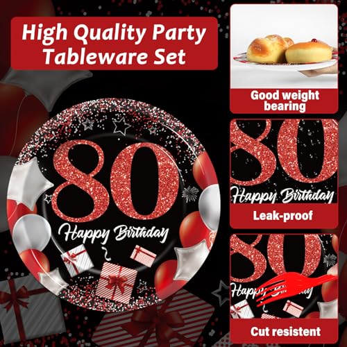 Image of gisgfim 96 Pcs 80th Birthday Plates and Napkins Party Supplies 80 Years Old Birthday Party Tableware Set Red Black Dinner Dessert Plates 80th Birthday Decorations Favors for Man Women for 24 Guests