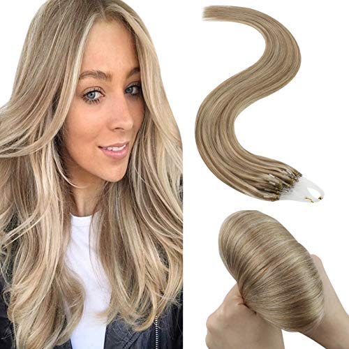 JoYoung Micro Loop Human Hair Extensions Dark Ash Brown Highlight with Golden Blonde Human Hair Extensions Micro Ring Highlight Human Hair Pre Bonded Human Hair 16in 50grams 50strands