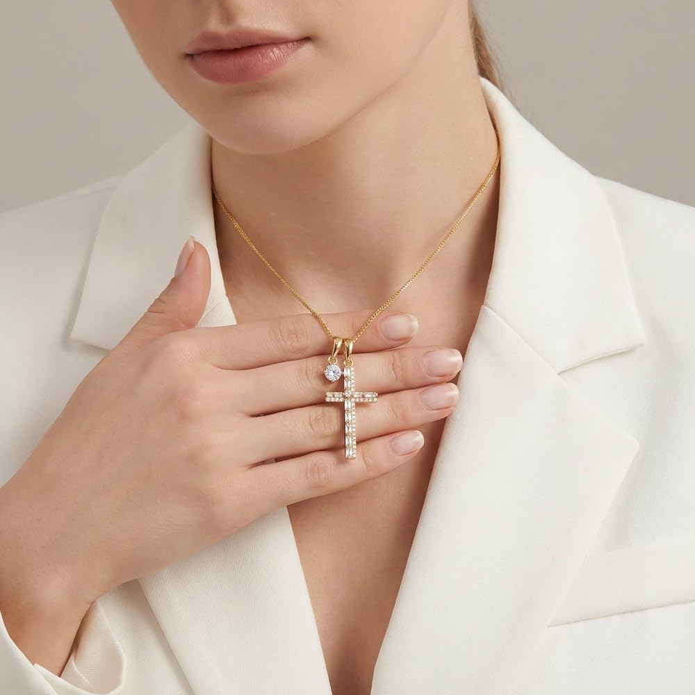 JIM'S SXP Elegant 18K Gold Plated Cross Pendant Necklace, Dainty Crystal Cubic Zirconia, Religious Fashion Jewelry for Women (Rectangle and Round CZ) - Image 5