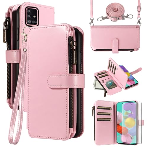 Asuwish Phone Case for Samsung Galaxy A51 5G/A 51 5G UW Verizon Cover with Tempered Glass Screen Protector and Lanyard Zipper Wallet Card Holder Slot Stand Cell Accessories 51A G5 S51 Women Men Pink
